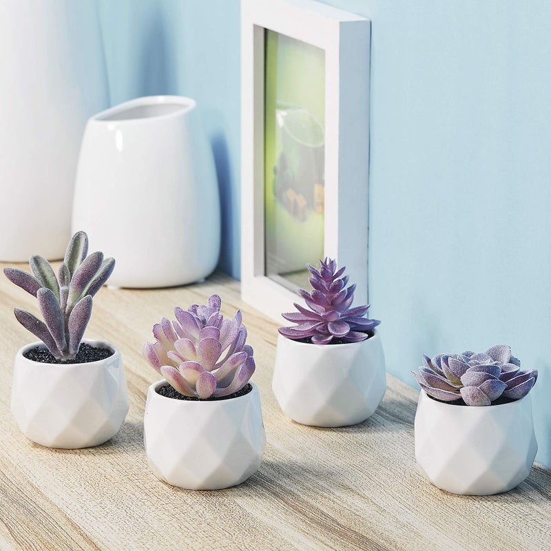 CADNLY Fake Succulent Plant Set - Artificial Desk Plants for Women Desk - Realistic Faux Succulents in Ceramic Pots - Mini Purple Decor for Bedroom Bathroom Office Shelf 4 Pack - Image 2